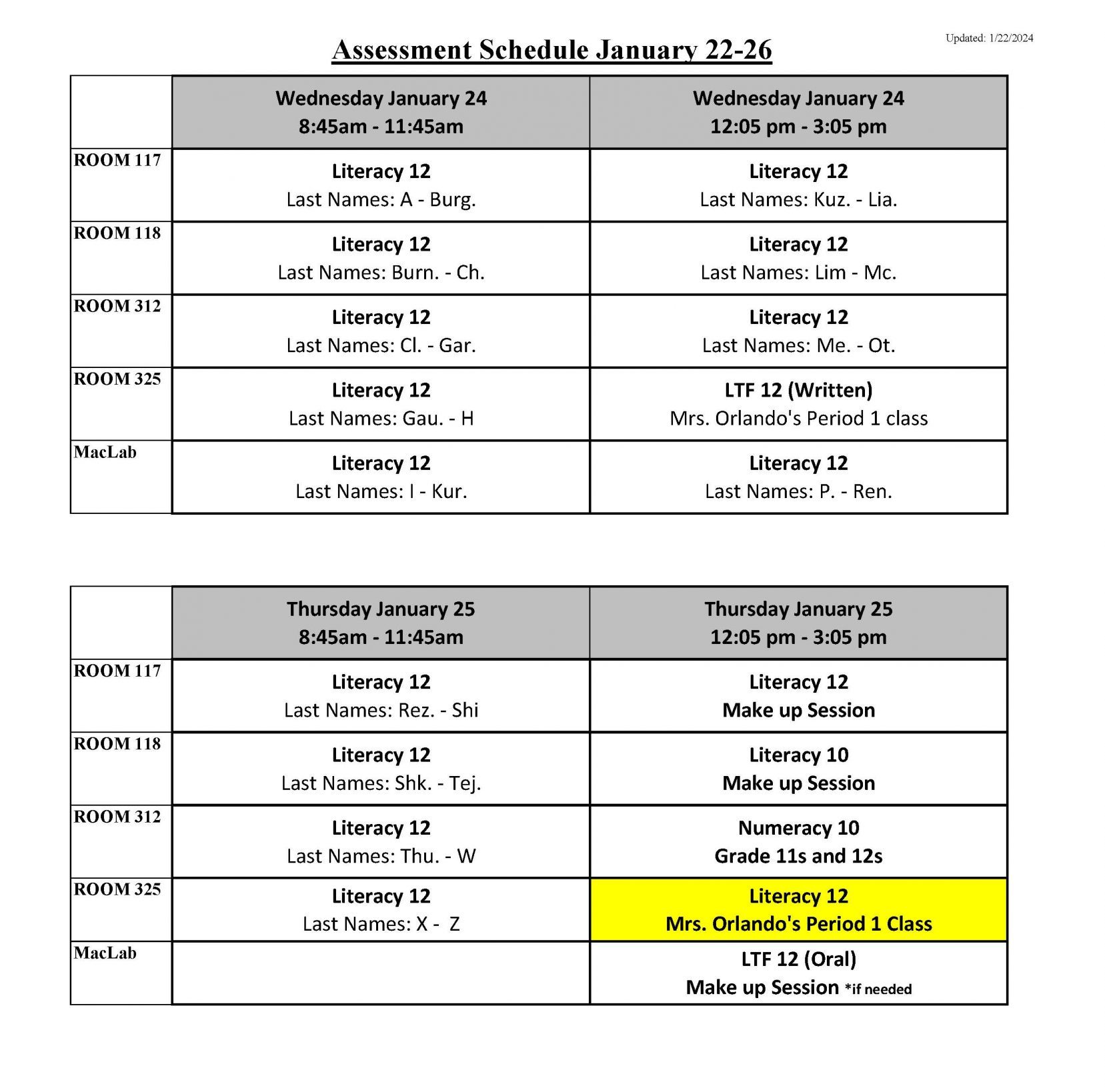 January Assessment Week/Alternate Schedule Jan. 22-26 | Moscrop ...